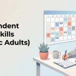 Independent living skills for autistic adults illustration showing a person using a checklist at a desk with a calendar and organised routine setup