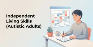 Independent living skills for autistic adults illustration showing a person using a checklist at a desk with a calendar and organised routine setup