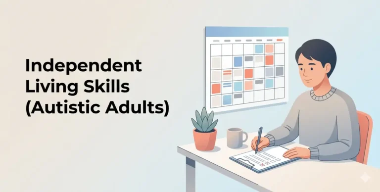 Independent living skills for autistic adults illustration showing a person using a checklist at a desk with a calendar and organised routine setup