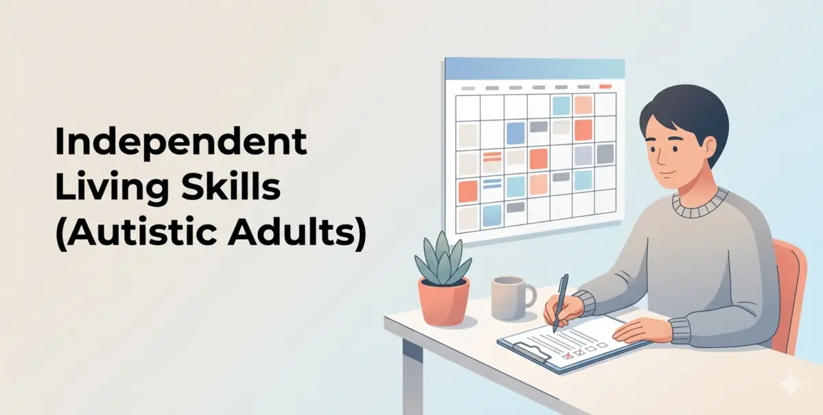 Independent living skills for autistic adults illustration showing a person using a checklist at a desk with a calendar and organised routine setup